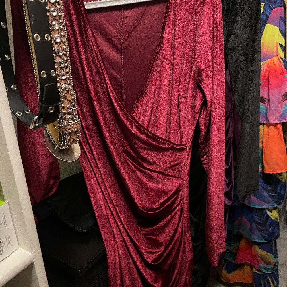 Red Ruched Wrap Long Sleeve Dress